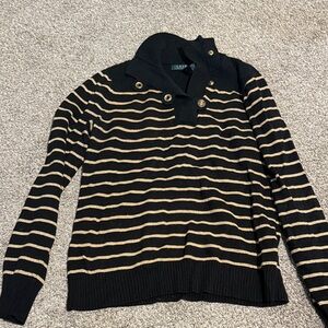 Lauren Ralph Lauren Black and Tan Striped V-Neck Sweater